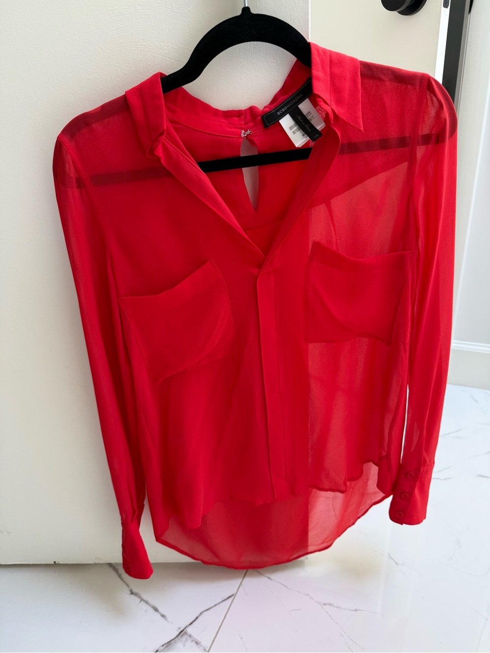 BCBGMaxAzria Red Sheer Button-Front Blouse